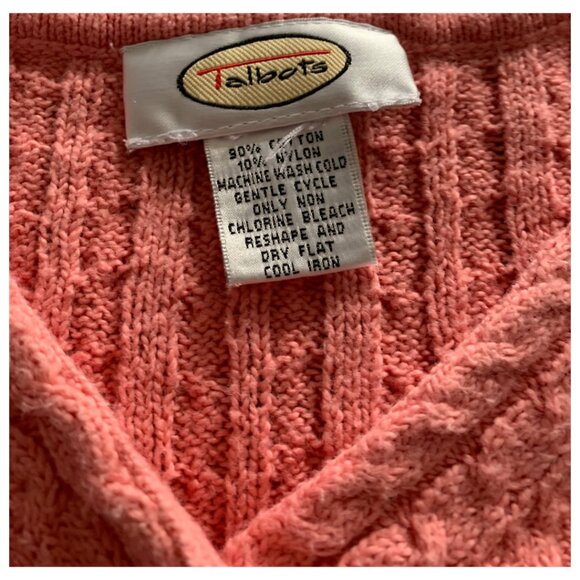 TALBOTS VINTAGE 90s Womens' Peach Pink V Neck Cable Knit Sweater Size L - Picture 3 of 3